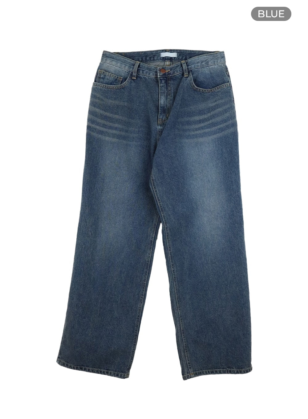 Men's Washed Denim Wide Fit Jeans IA402 in blue, flat product shot, front layout showing wide leg cut, washed indigo denim, five-pocket construction and zip fly detail.