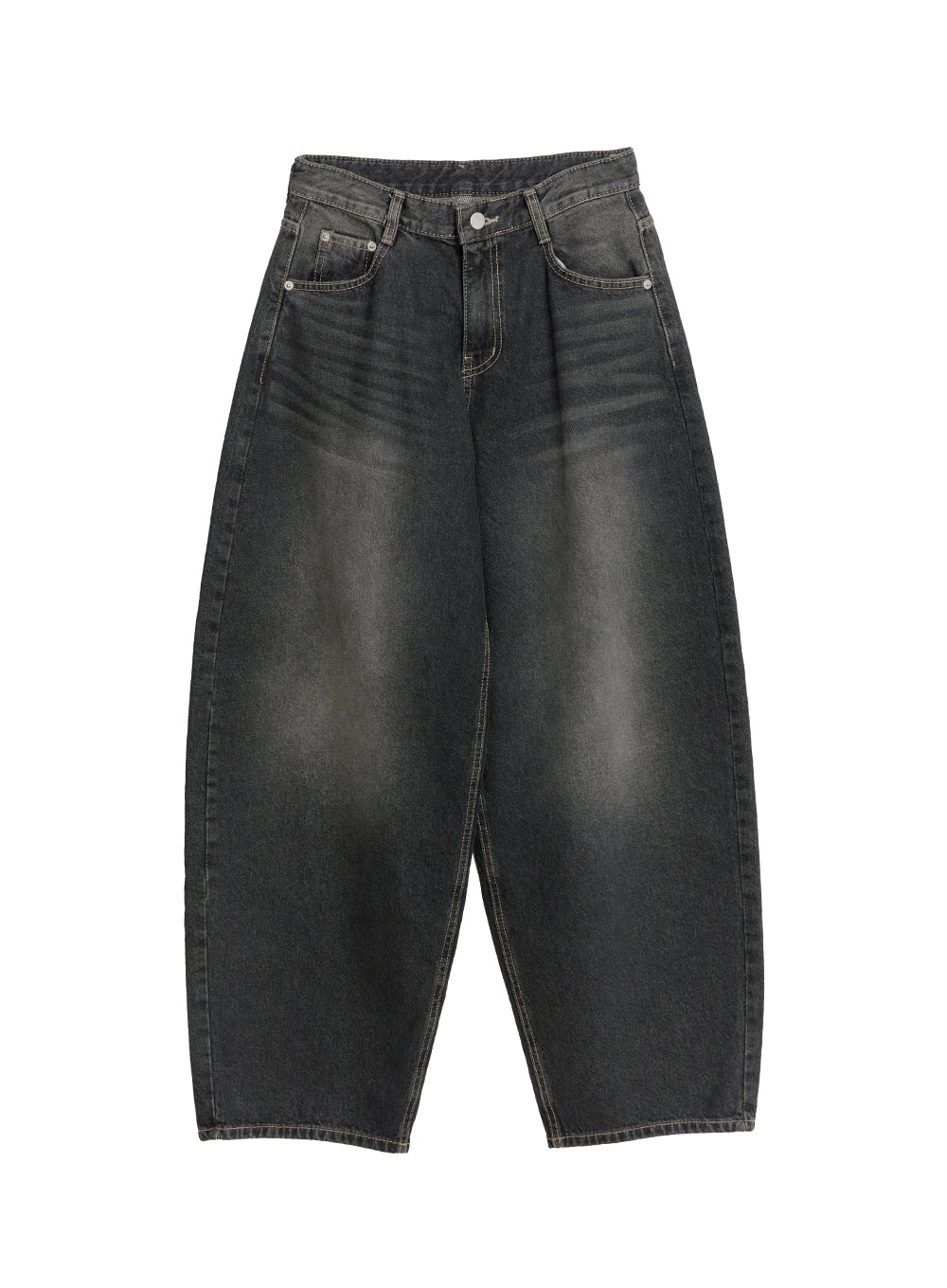 Skyla Washed Wide-Leg Baggy Jeans IF511 in washed black, flat lay product shot, front view without model, balloon wide-leg shape, faded wash gradient, five-pocket construction and silver hardware.
