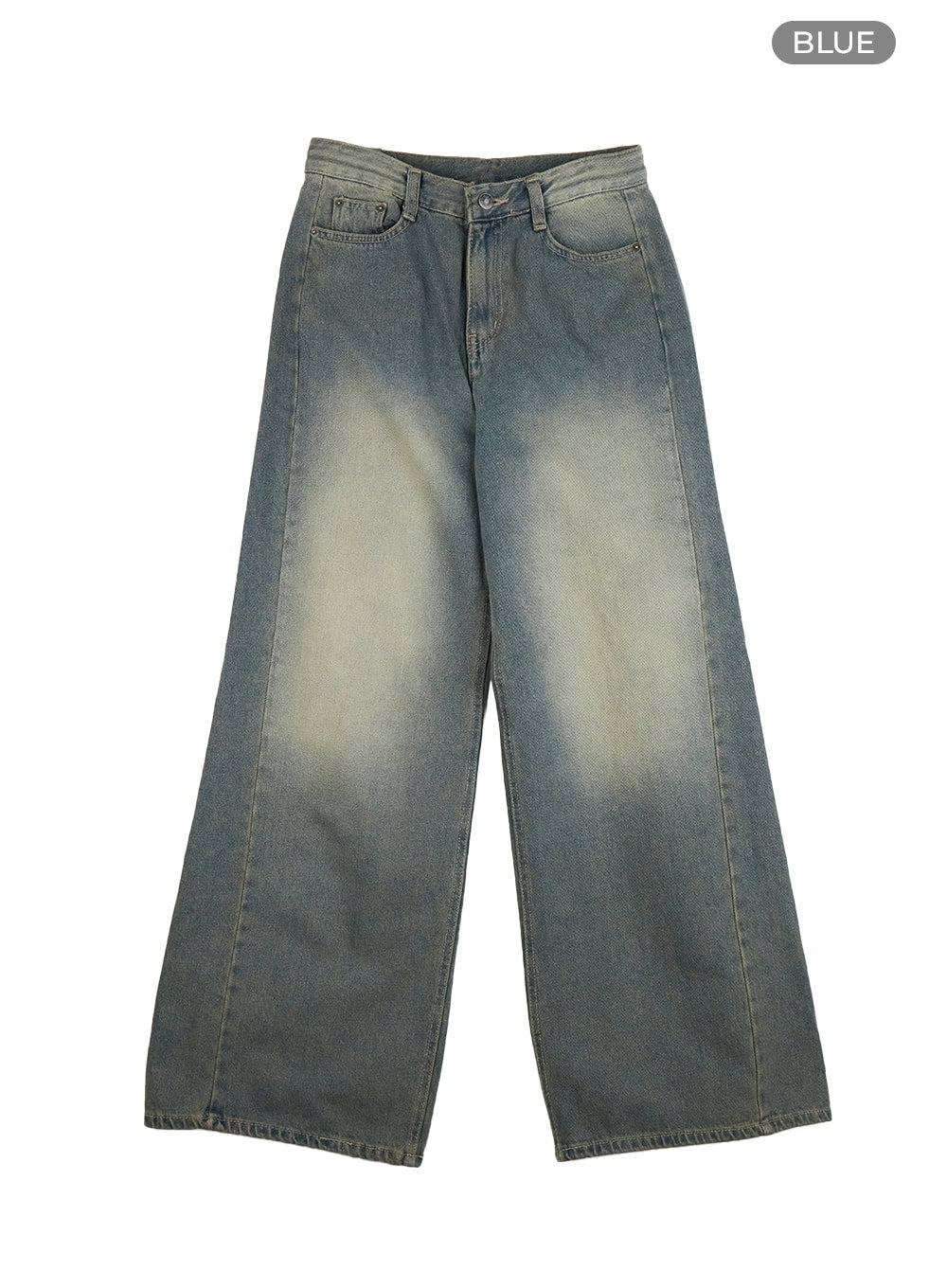 Inez Washed Denim Wide Leg Jeans IS427 in blue, flat product shot, front view showing sun-faded washed denim, five-pocket styling and wide-leg cut with center seam.