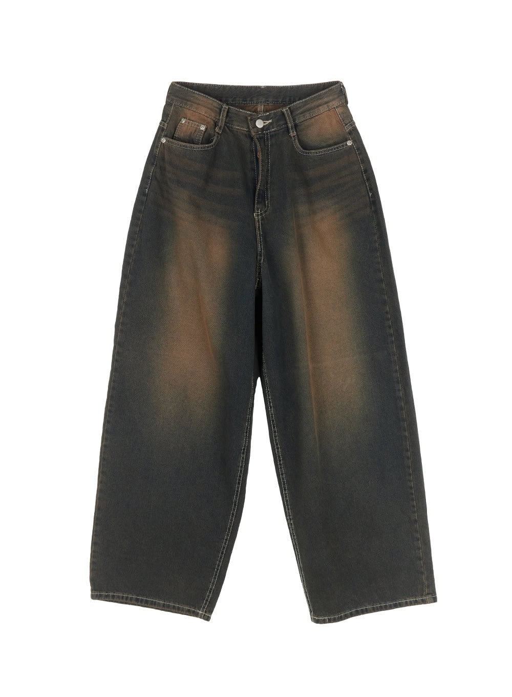Bethany Vintage Washed Baggy Jeans IA524 in dark brown washed denim, flat product lay front view, showing full silhouette, vintage brown fade wash, contrast stitching, five-pocket construction, and wide baggy leg.