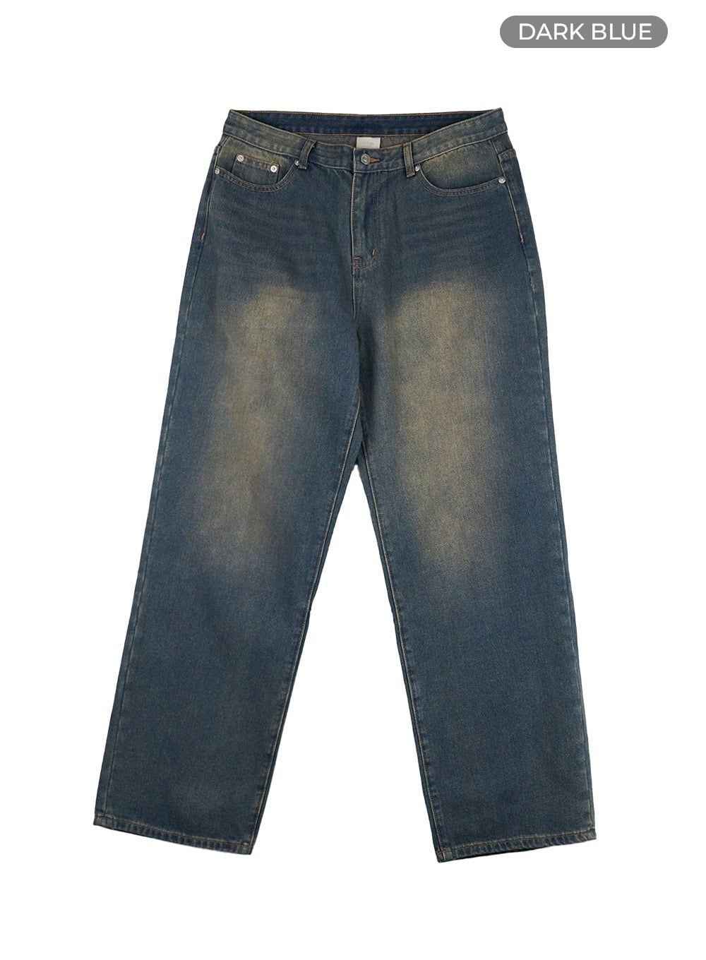 Men's Vintage Washed Loose Fit Jeans (Dark Blue) IG402, flat lay product shot in dark blue, showing full front with vintage yellow-tinted washed fading, five-pocket construction and straight wide leg.