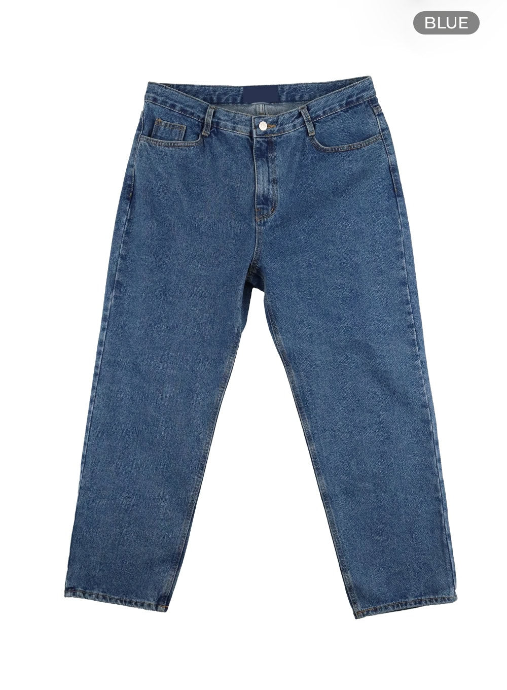 Men's Baggy Jeans (Blue) IU427 in blue, flat lay product-only shot, mid-blue wash denim, wide baggy leg, five-pocket construction, silver button and zip fly.