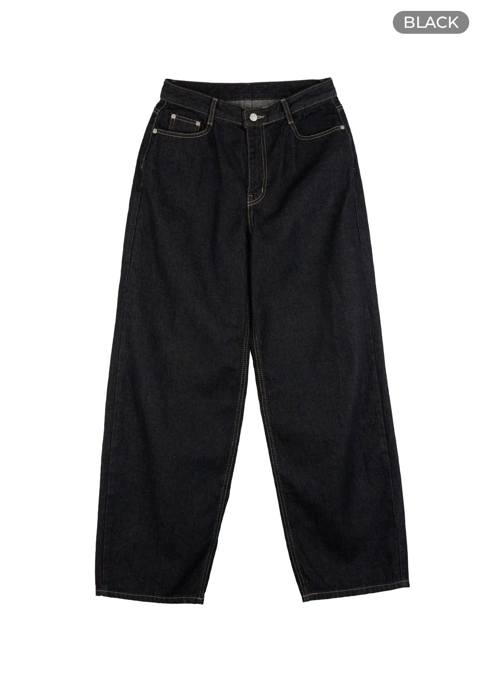 Clover Stitched Baggy Jeans IS402 in black, flat product shot front, structured wide-leg cotton denim with contrast topstitching, low-rise waistband, silver hardware, and roomy baggy silhouette.