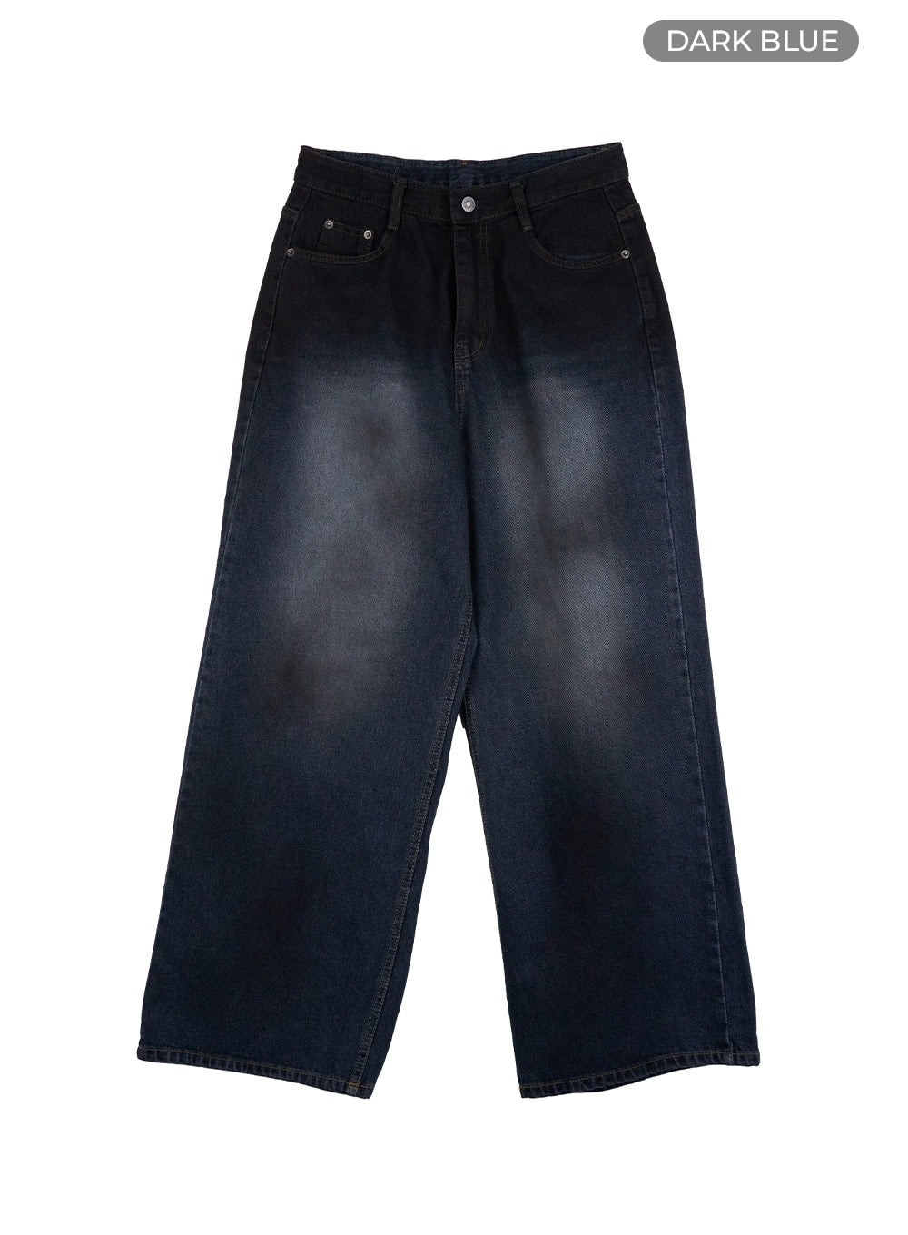 Imogen WashedSky Loose-Fit Denim IO409 in dark blue, flat product-only shot, high-waist wide-leg washed cotton denim with faded gradient wash and five-pocket construction.