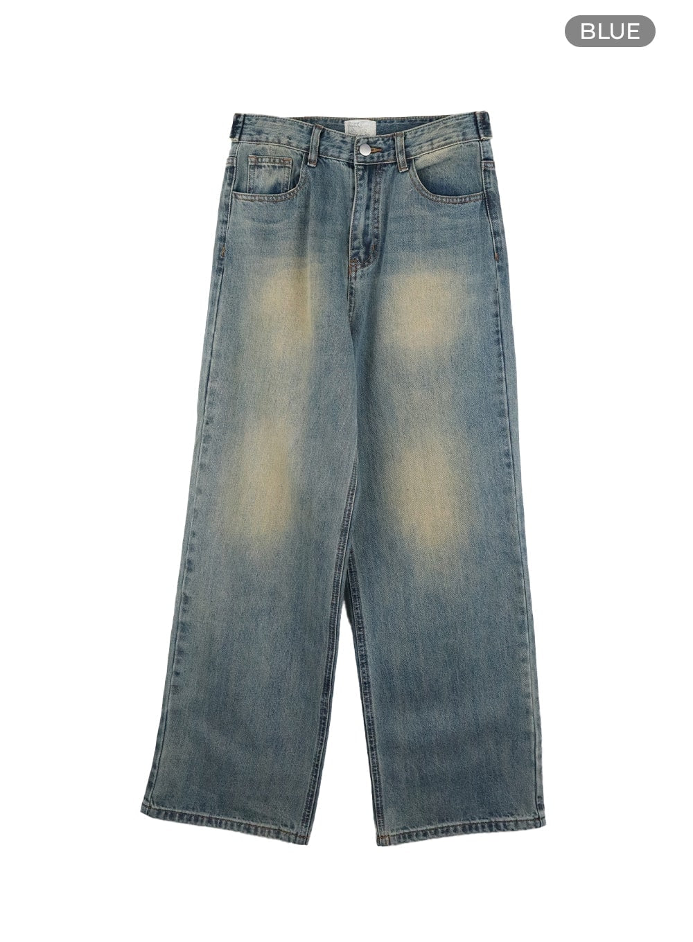 Washed Denim Wide Leg Jeans IA417 in blue, flat product-only shot, full front view showing wide leg silhouette, five-pocket design, and yellow-toned washed cotton denim.