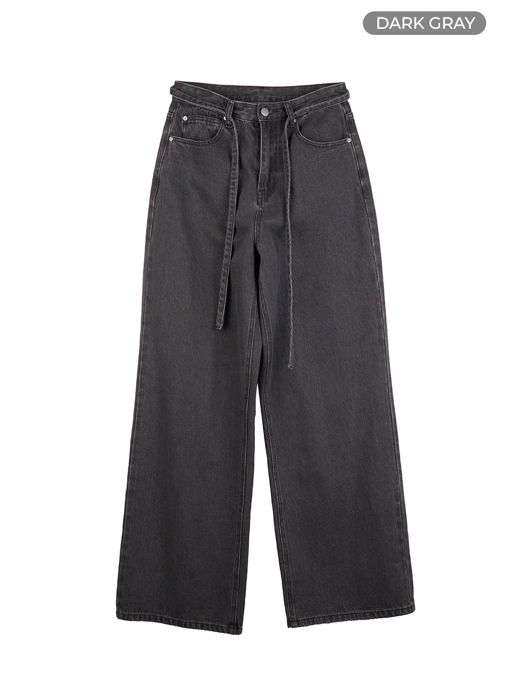 Emery Cotton Strap Baggy Jeans IO409 in dark gray, flat product-only shot, front view showing full wide-leg silhouette, dangling strap detail, five-pocket construction, and washed cotton denim.