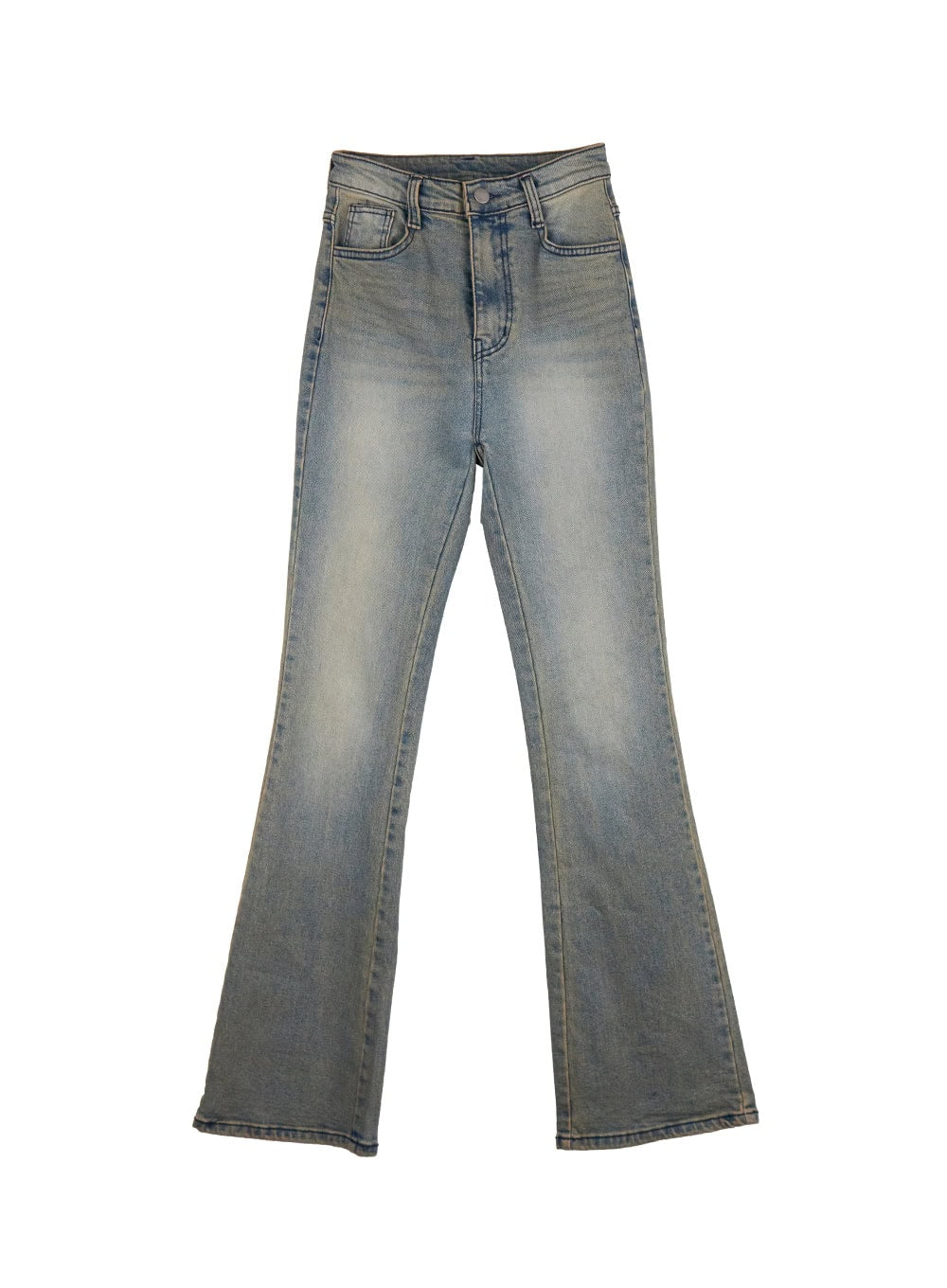 Cathy Washed Slim-Fit Flared Jeans IJ503 in vintage blue, flat product shot front view, high-rise waistband, five-pocket construction, washed fading across thighs, flared bootcut hem.