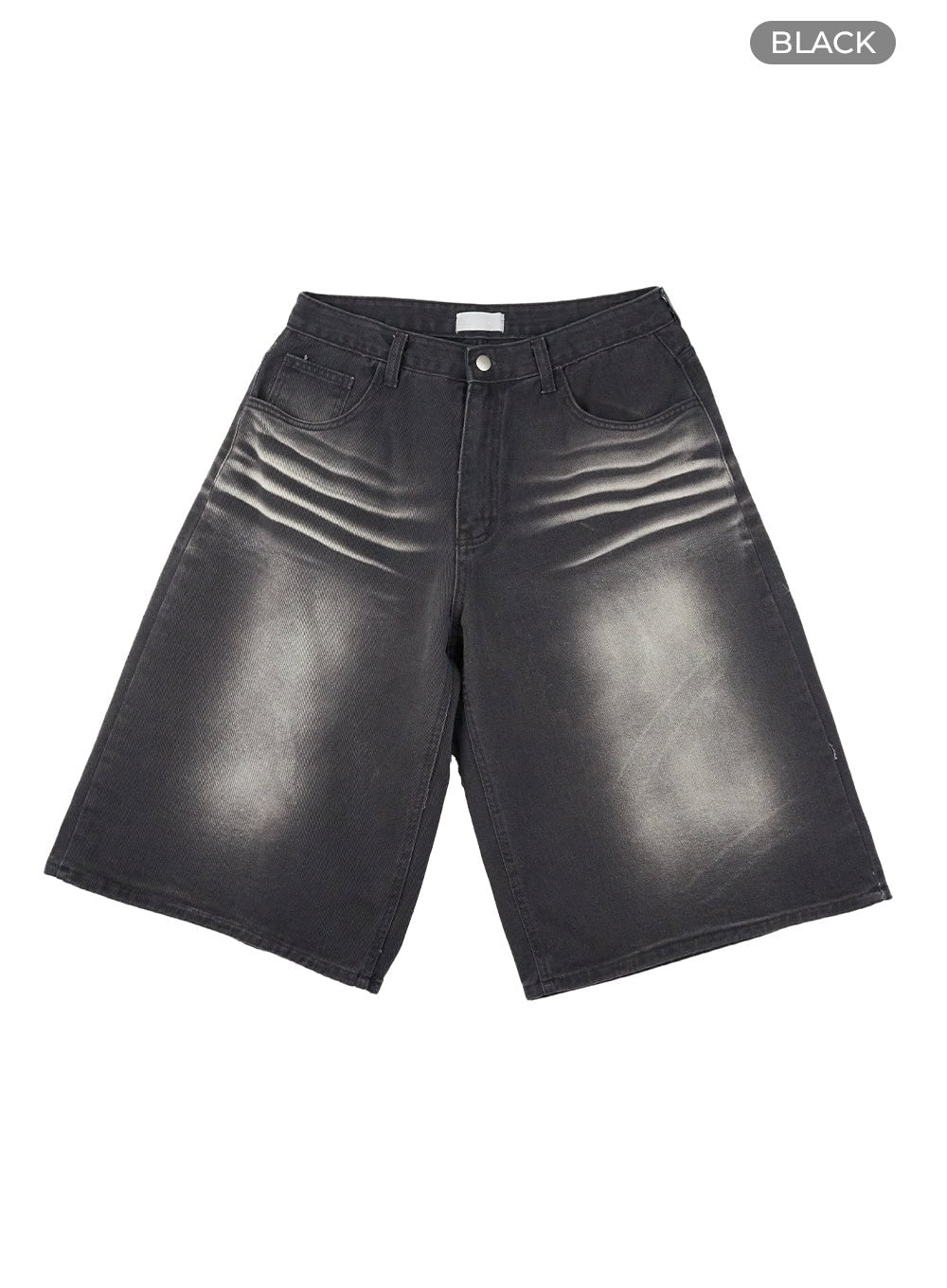 Washed Baggy Jorts IL419 in black, flat product shot, wide-fit midi denim showing faded washed finish, crinkle whisker detailing, front pockets, and flared wide-leg hem.