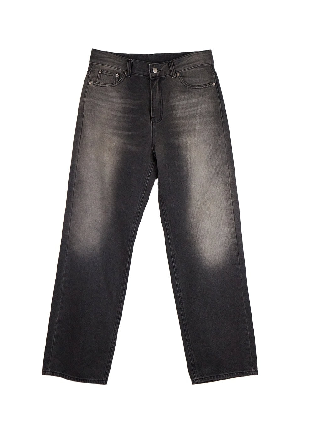 Matilda Wide-Fit Baggy Jeans ID402 in black, flat product-only shot, washed denim with faded highlights, five-pocket construction, wide straight leg, silver button closure.