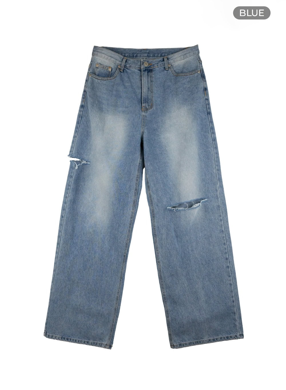 Men's Cut Out Baggy Jeans IU419 in blue, flat lay product shot showing full front, washed wide-leg denim with two cut-out details on thigh and knee, 5-pocket construction.