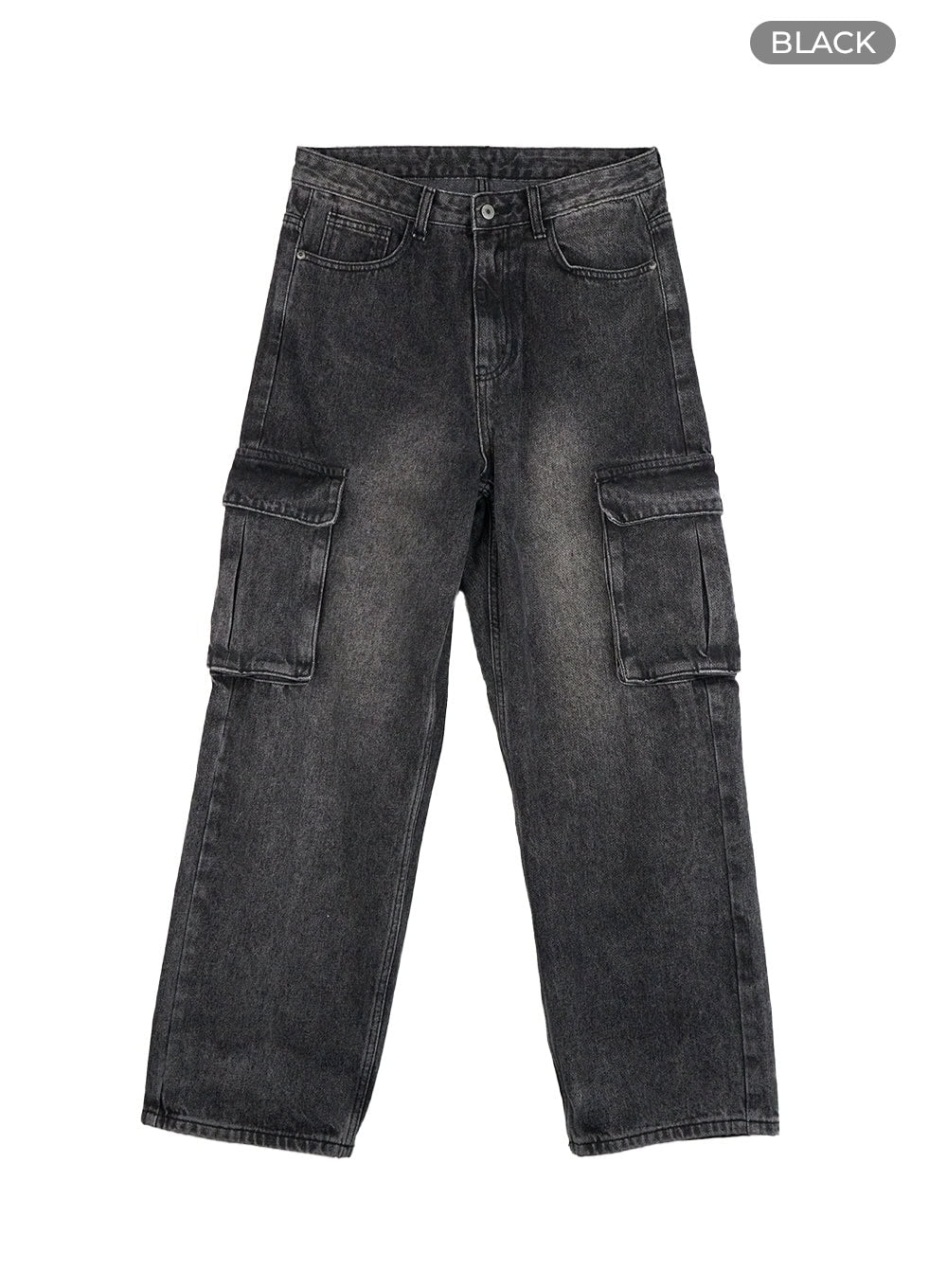 Neve Washed Cargo Denim Jeans IS427 in black, flat product lay shot, full front view showing washed denim finish, low-rise waist, button fly, and double cargo pockets on each side.
