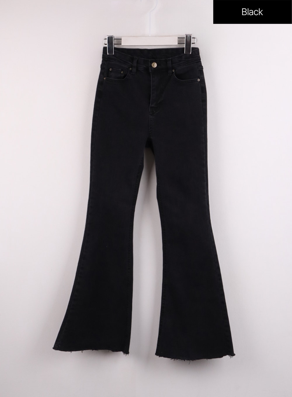 Mid Waist Button Flared Jeans IF402 in black, flat hanger front shot, mid-rise waistband with gold button, 5-pocket denim, slim bootcut flare with raw frayed hem, solid black cotton-spandex denim.