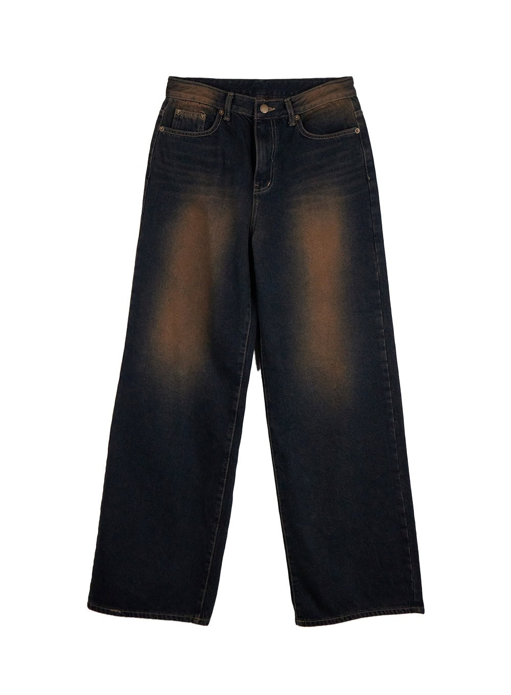 Alexia Washed Denim Wide-Leg Jeans ID402 in dark blue, flat product-only shot, full-length front view, amber sun-faded washed denim, low-rise waistband, brass hardware, wide straight leg.
