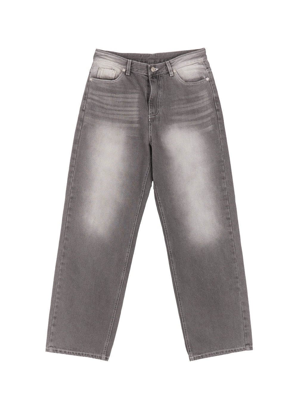 Becca Washed Straight-Leg Jeans IM524 in grey, flat lay product shot, full length view showing wide-leg silhouette, washed faded denim, 5-pocket design and low-rise waistband.