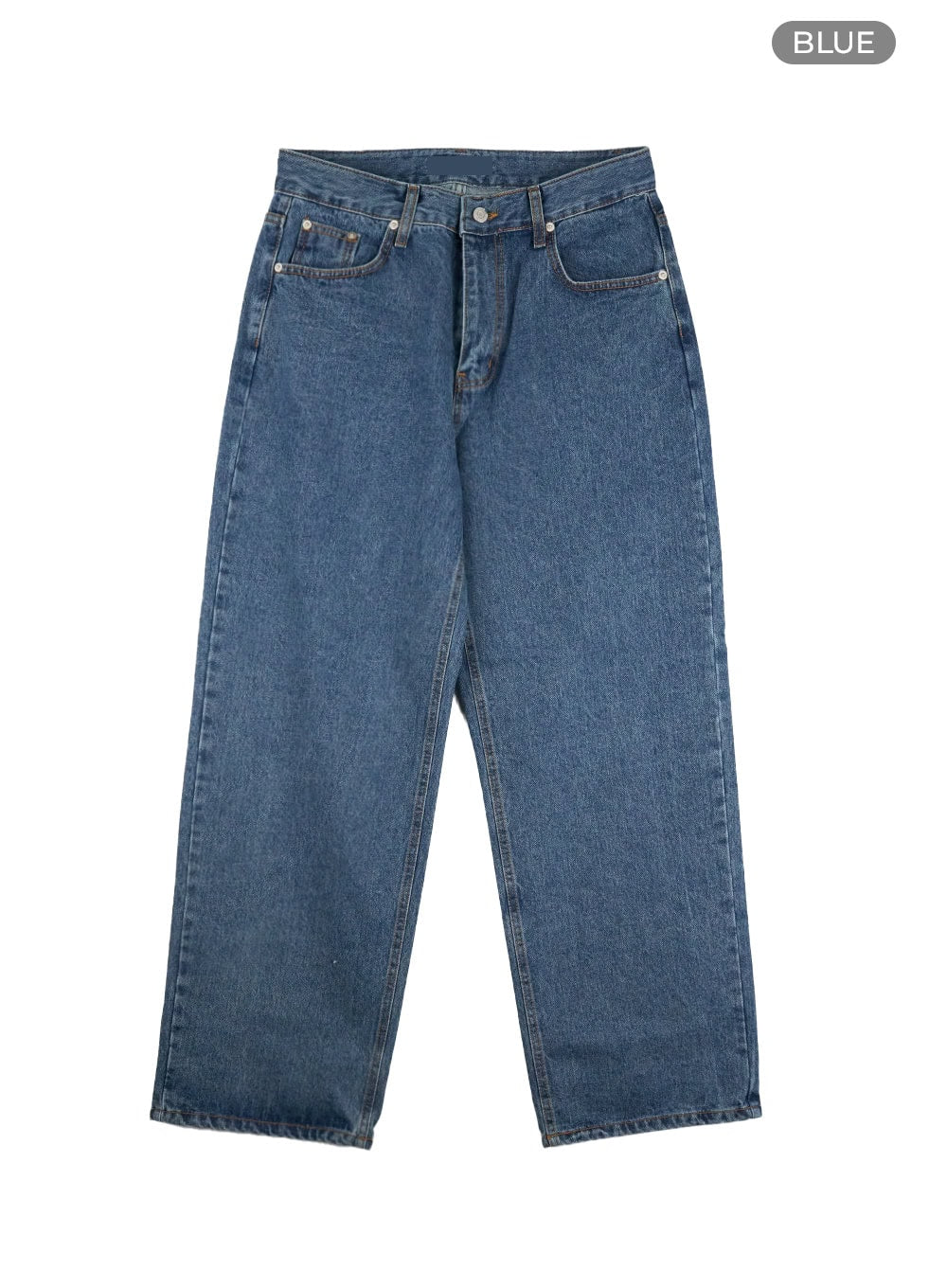 Men's Wide Fit Jeans IL412 in blue, flat lay product shot showing full front, wide-leg cut, five-pocket styling, button fly, and medium-wash denim fabric.