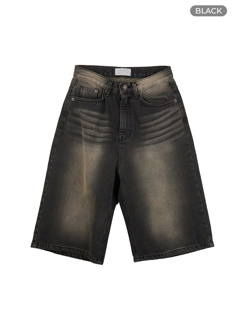Color Washed Jorts IY422 in black, flat product shot showing full front, wide-leg cotton denim jorts with color-washed gradient, five-pocket design and knee-length hem.
