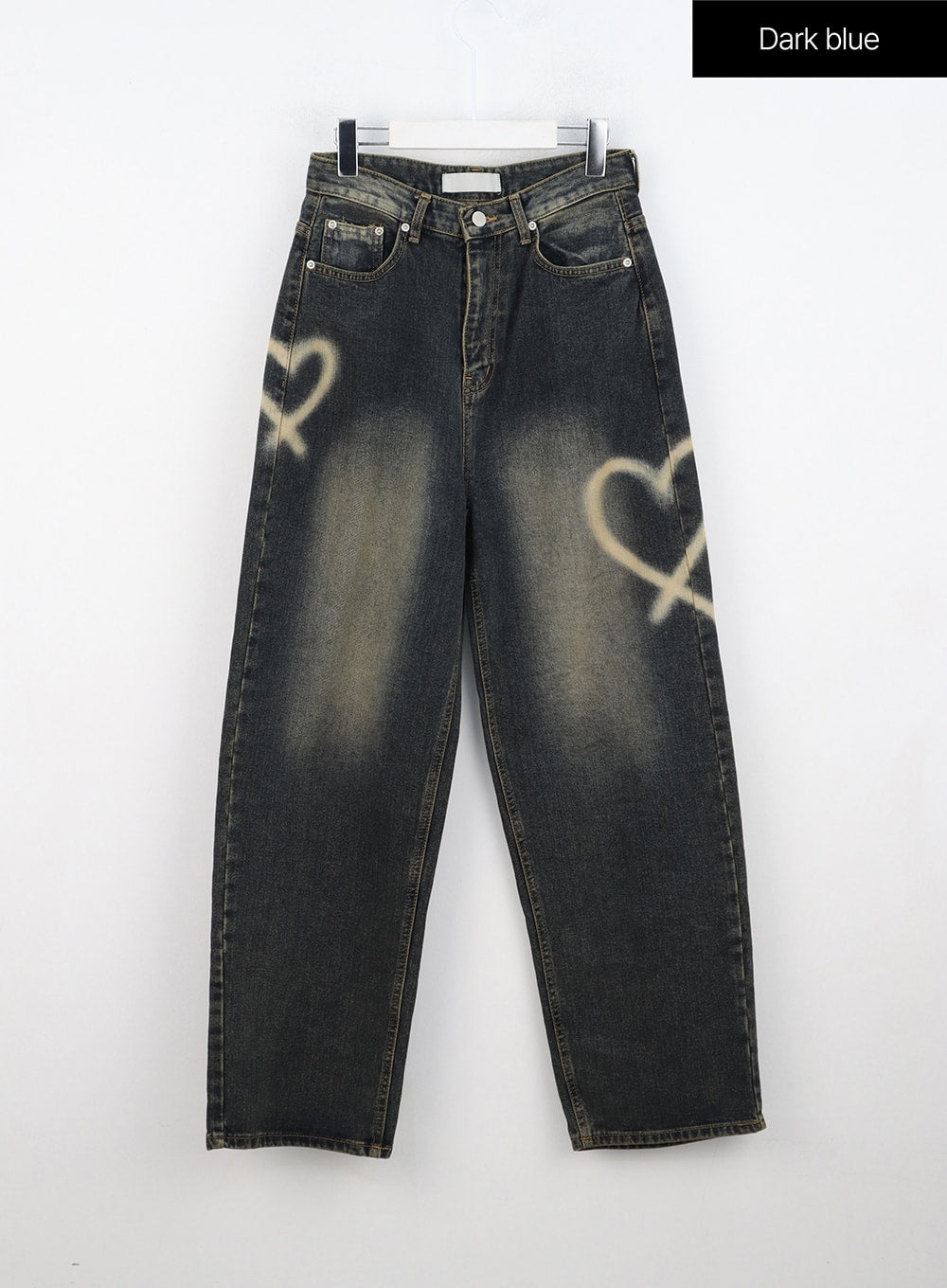 Heart-Bleached Wide Leg Jeans IN308 in dark blue, flat front product shot on hanger, dual bleached spray-painted heart graphics on both thighs, 5-pocket construction with vintage golden wash.