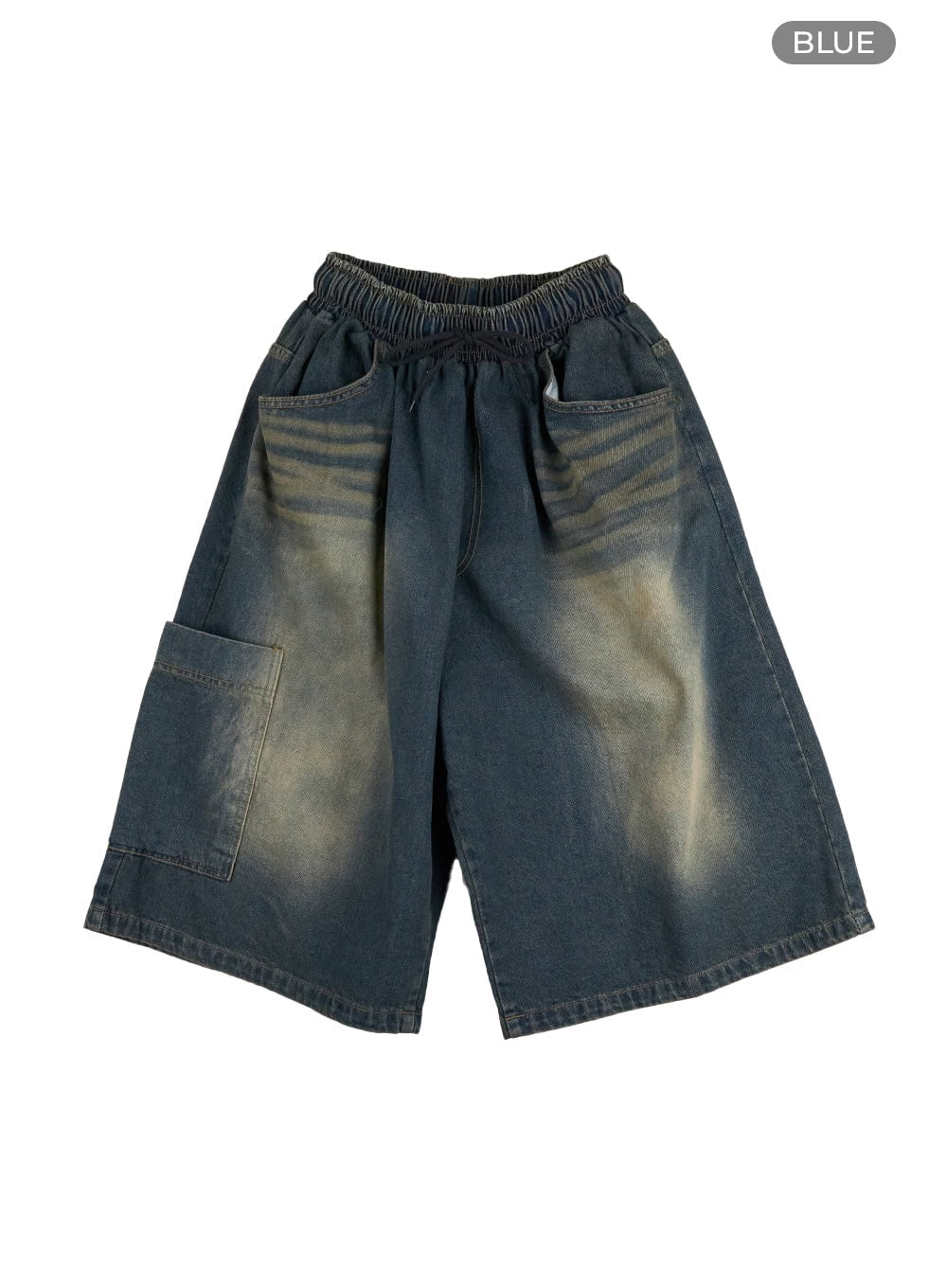 Men's Denim Washed Shorts (Blue) IL404 in blue, flat product shot, elastic drawstring waistband, wide-leg silhouette, front cargo patch pocket, and vintage yellow-toned washed finish.