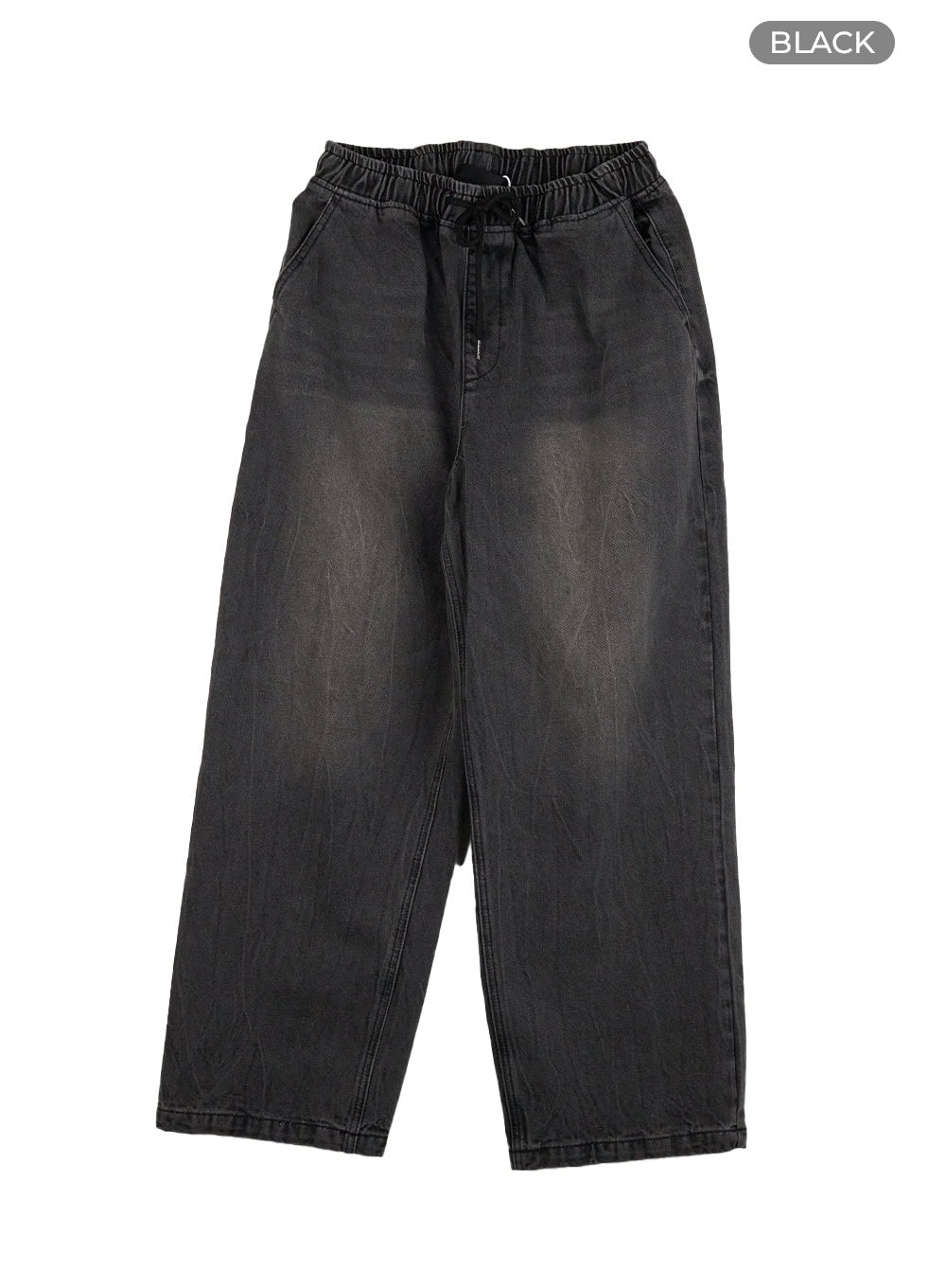 Banding Baggy Jeans IU412 in black, flat lay product shot, elastic drawstring waistband and washed wide-leg cotton denim construction shown, no model.
