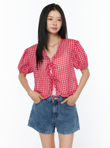 plaid-ribbon-tie-short-sleeve-cardigan-blouse-iu519