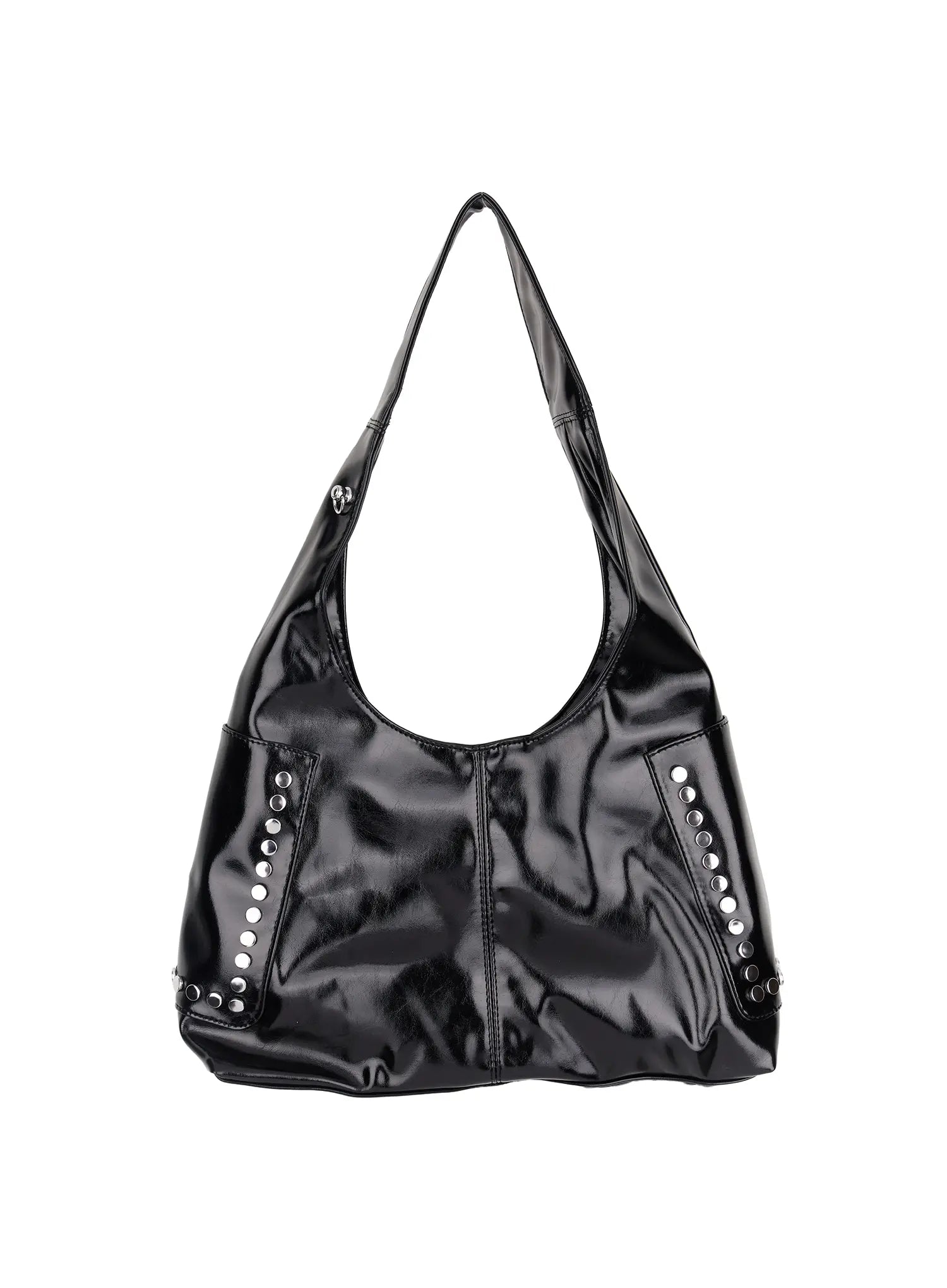 glossy-faux-leather-studded-shoulder-bag-cm520 / Black