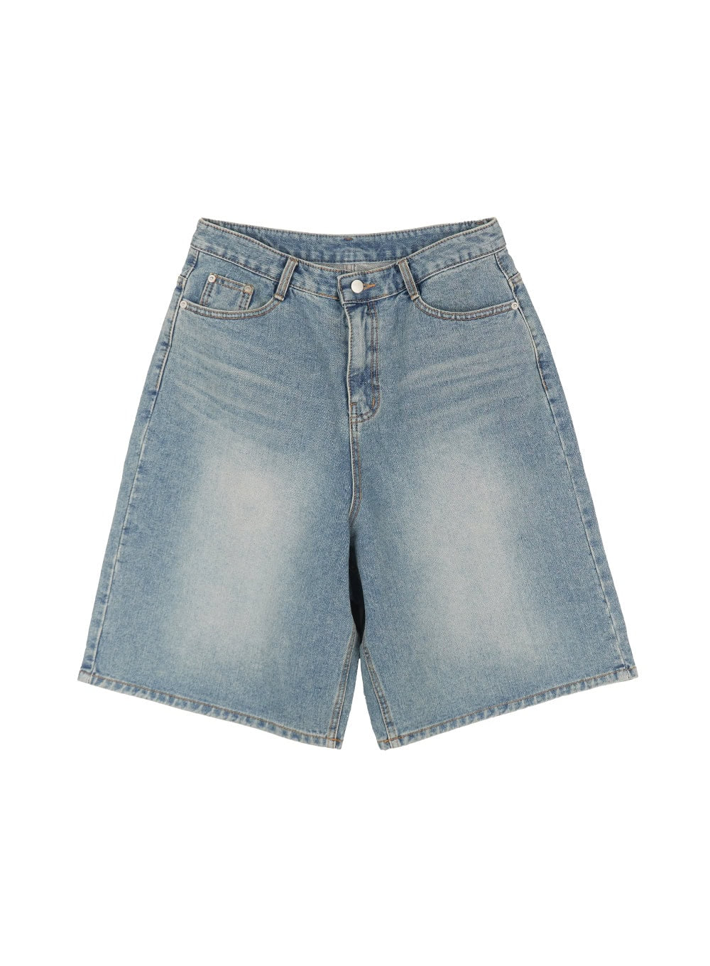 Washed Baggy Jorts IY529 in light blue, flat product shot, wide-fit midi cotton denim with washed fading, five-pocket construction, button fly, and clean hem visible.