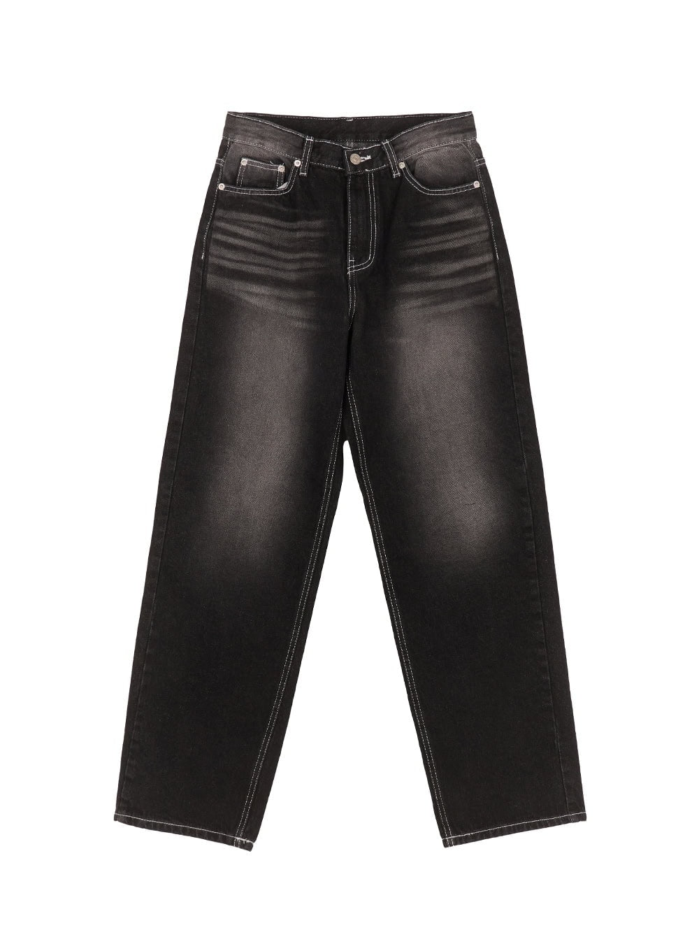 Alexis Stitched Wide-Leg Jeans IA504 in washed black, flat product lay shot, full front view showing mid-rise waist, contrast white stitching throughout, wide-leg cut in washed cotton denim.