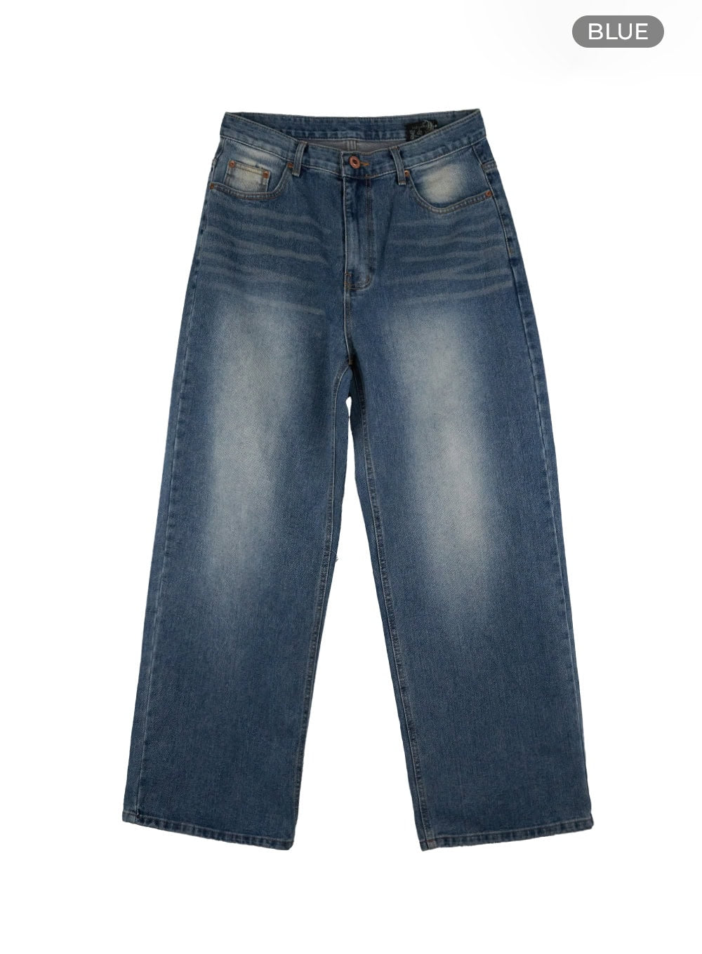 Men's Solid Baggy Jeans IU419 in blue, flat product shot front view, wide-leg baggy cut with vintage wash, contrast fading at thighs, 5-pocket construction and copper rivet details.