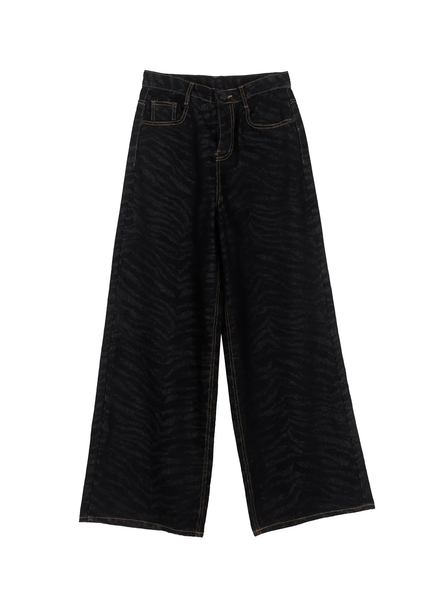 Freyja Animal Print Wide Leg Jeans IS508 in black, flat product shot front view, wide-leg zebra-print cotton denim with gold contrast stitching and five-pocket construction.
