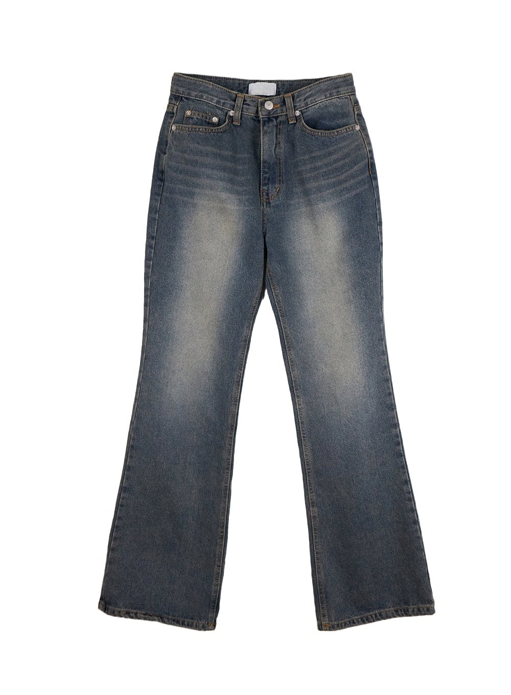 Asher Slimline Washed Bootcut Jeans ID402 in vintage blue, flat lay product-only shot, full-length front view, washed denim with yellow-toned fading, high waist, slim bootcut flare at hem.
