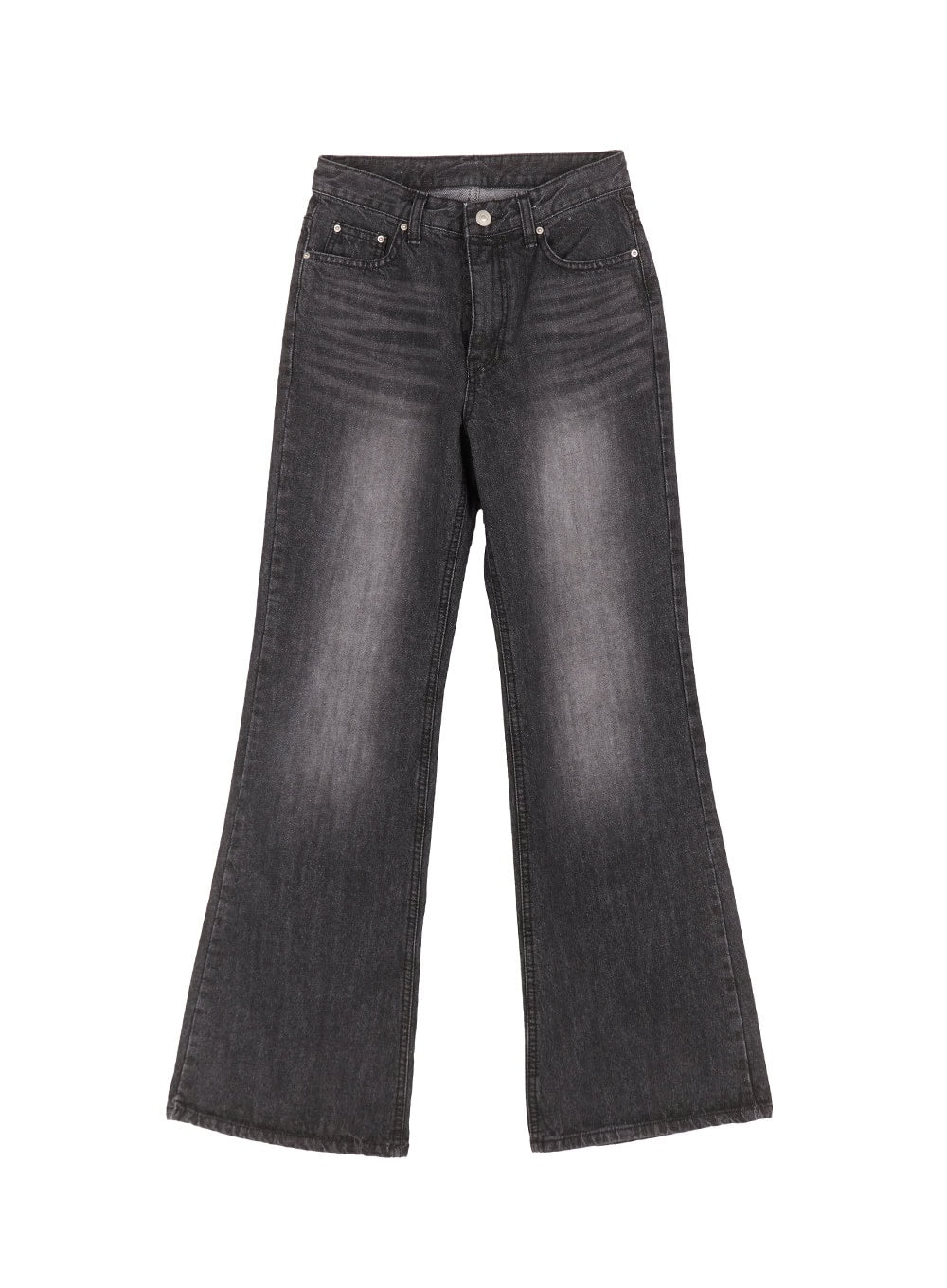 Joanna Washed Flared Jeans IA504 in washed black, flat product-only shot, high-rise five-pocket bootcut silhouette, washed grey-black denim with faded highlights, silver rivet details.