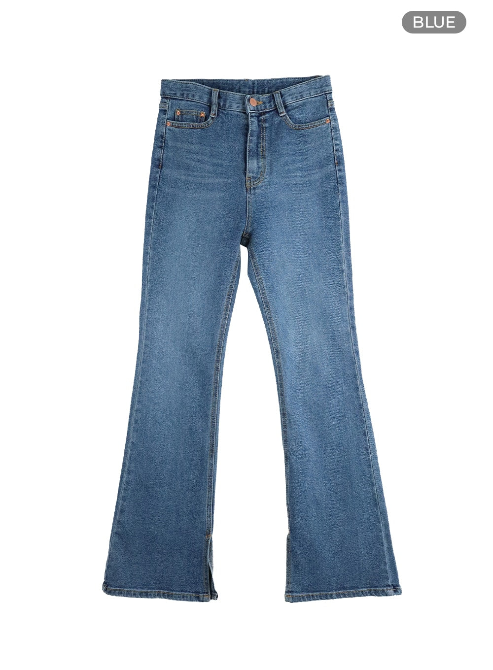 Vintage Flared Jeans IM414 in blue, flat front product shot, high-waist slim bootcut washed denim with five pockets and hem slit detail, no model.
