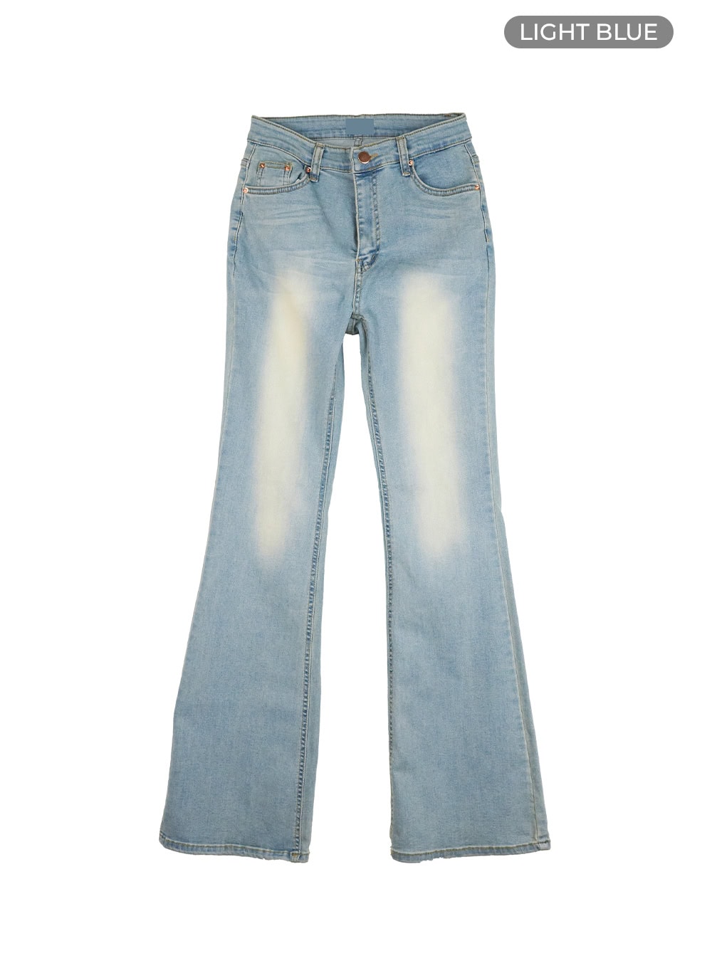Light Washed Slim Fit Bootcut Jeans IL409 in light blue, flat product-only shot, full-length front view showing bootcut silhouette, washed fading panels, 5-pocket design, and button closure.