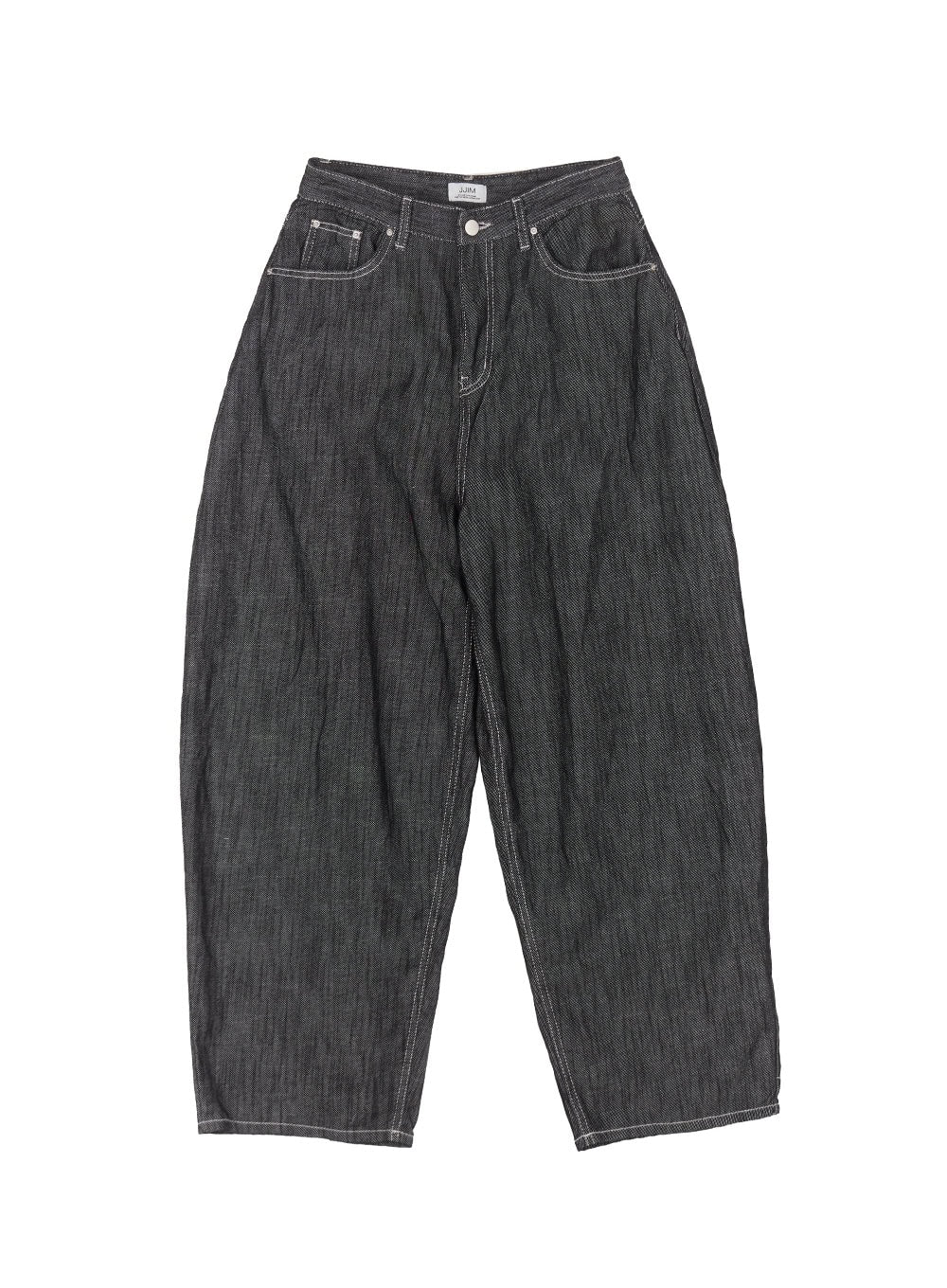 Lilli Wide-Leg Baggy Jeans IY516 in Black, flat lay front product shot, full-length view showing balloon wide-leg silhouette, contrast white topstitching, brand label at waistband, cotton denim.