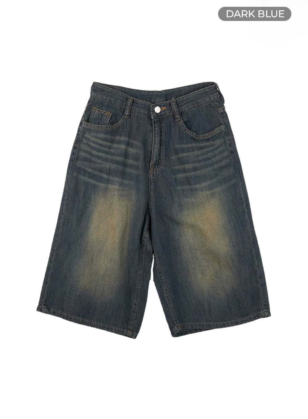 Dark Washed Wide Leg Jorts IL419 in dark blue, flat product shot showing wide-leg silhouette, heavy golden washed denim, five-pocket construction, and knee-length hem.