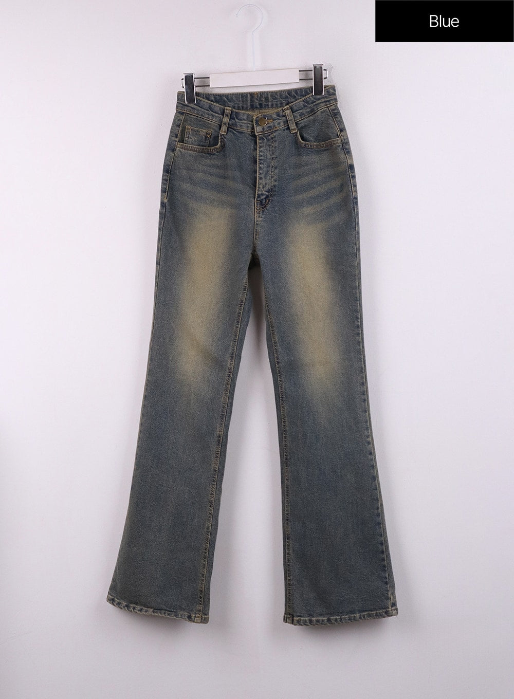 Washed Slim Fit Bootcut Jeans CJ431 in blue, flat front hanger shot, full-length product view showing five-pocket construction, double-button waist, and washed yellow fading on thighs against blue denim.