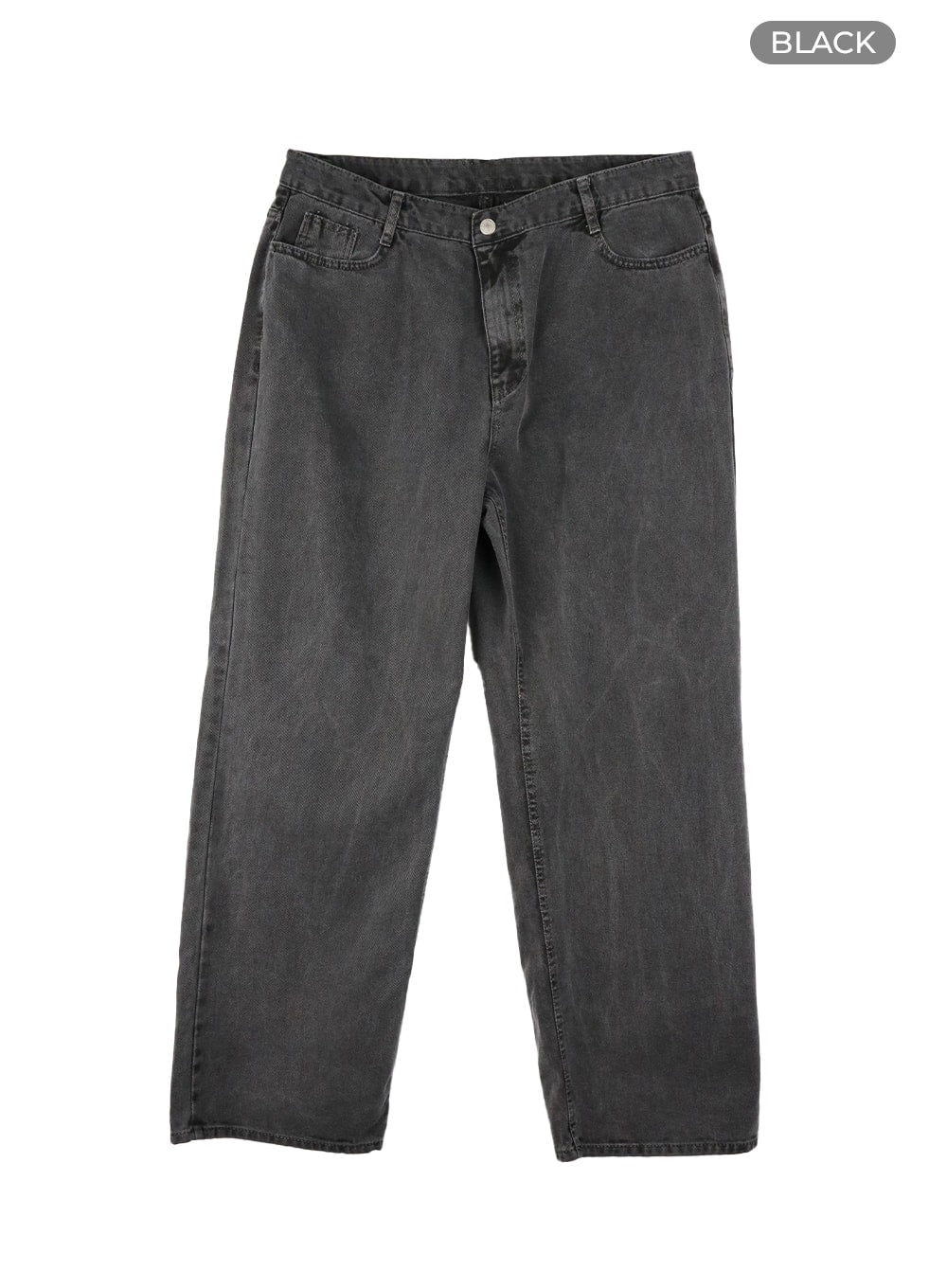 Men's Classic Baggy Fit Jeans IA401 in black, flat lay product shot, 5-pocket construction, button fly, wide-leg regular length, washed denim texture visible.