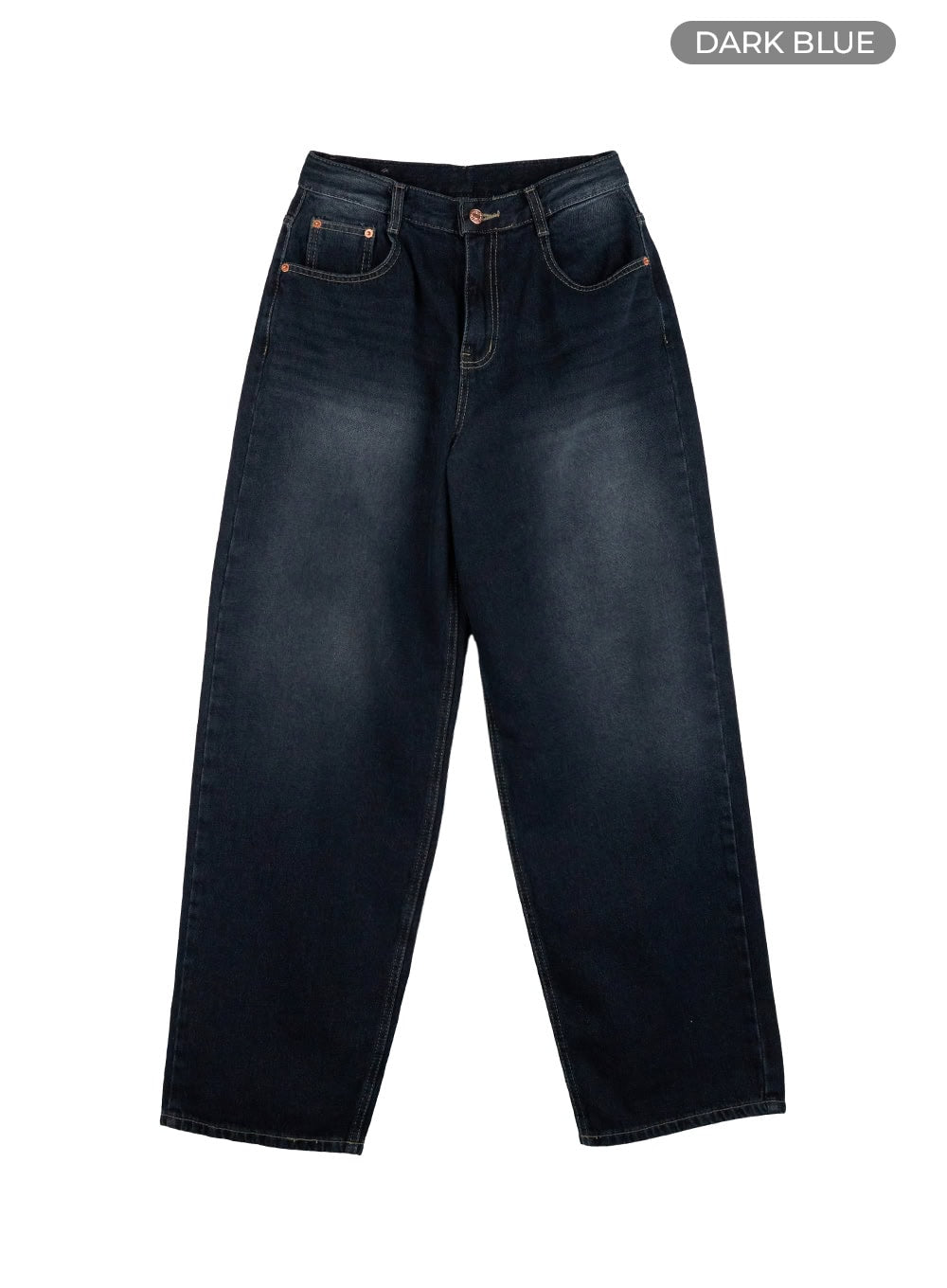 Evelyn Washed Baggy Jeans (Dark Blue) IS402 in dark blue, flat front product-only shot, wide baggy silhouette washed cotton denim, five-pocket design with copper rivets and contrast stitching.