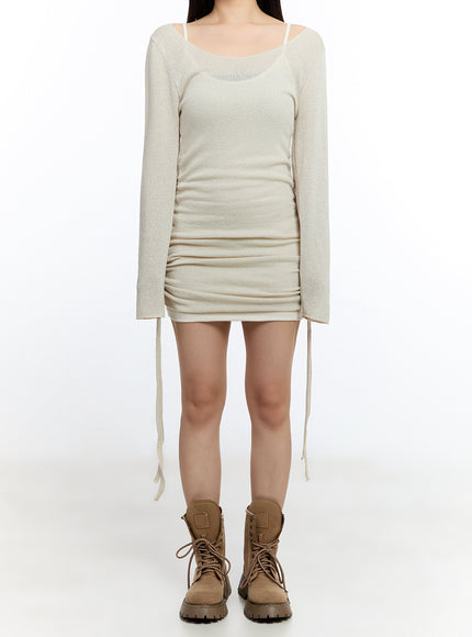 Shirred String Long-Sleeve Mini Dress IU503 - Korean Women's Fashion | LEWKIN Shirred String Long-Sleeve Mini Dress IU503 - Korean Women's Fashion | LEWKIN