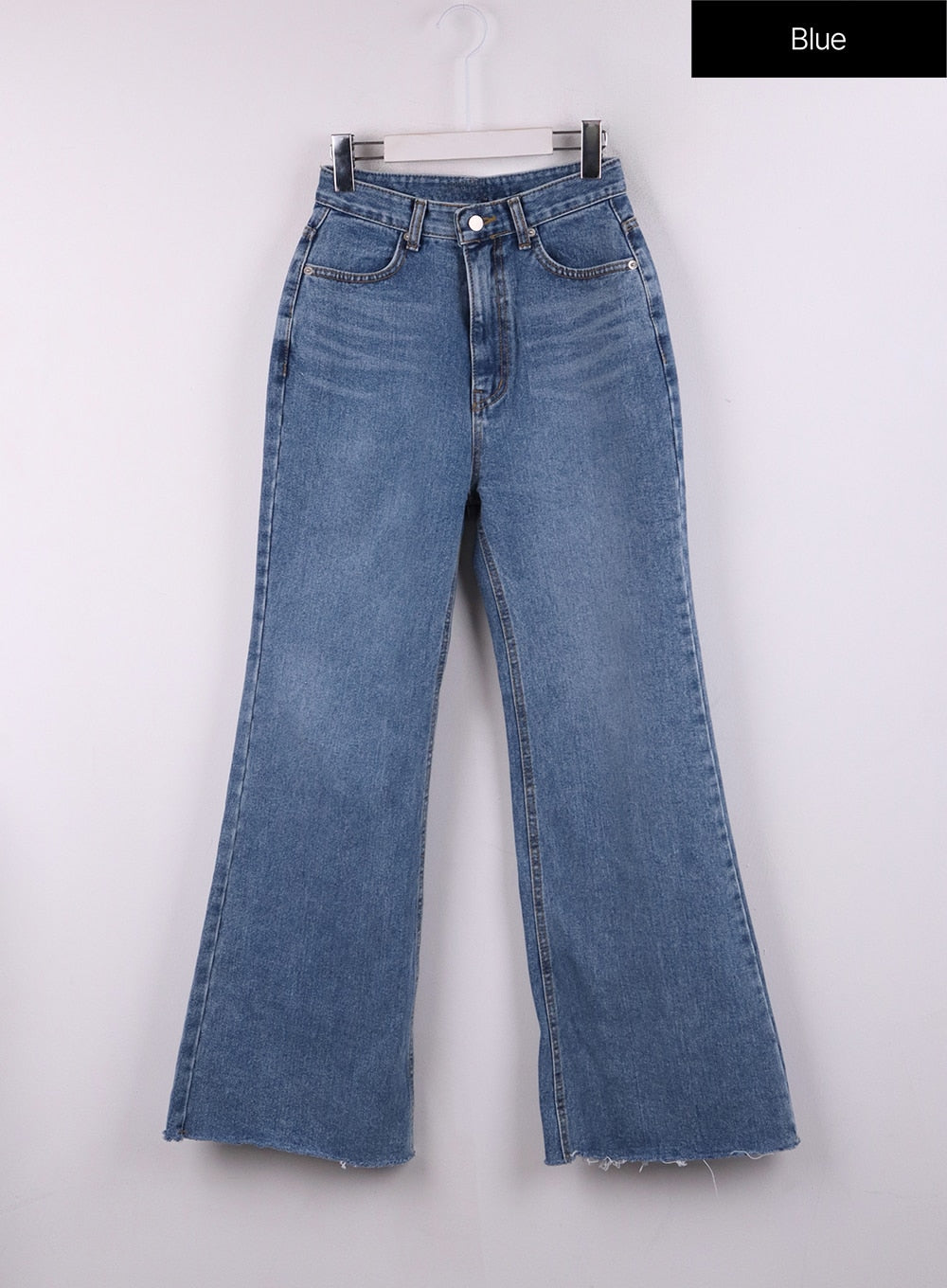 Blue Denim Bootcut Jeans CJ431 in blue, flat front hanger shot, washed high-rise cotton denim with five-pocket design, bootcut flare and raw frayed hem visible.