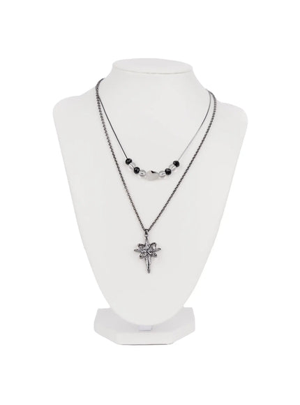 double-layered-beaded-pendant-necklace-in510 / Black