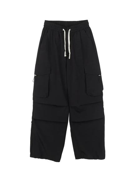 mens-parachute-wide-leg-cargo-pants-il504 / Black