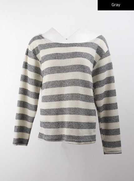 off-shoulder-stripe-long-sleeve-top-cj405 / Gray