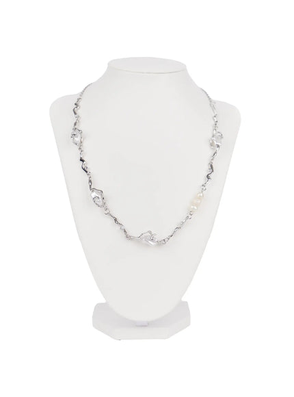 asymmetric-faux-pearl-link-necklace-in510 / Silver