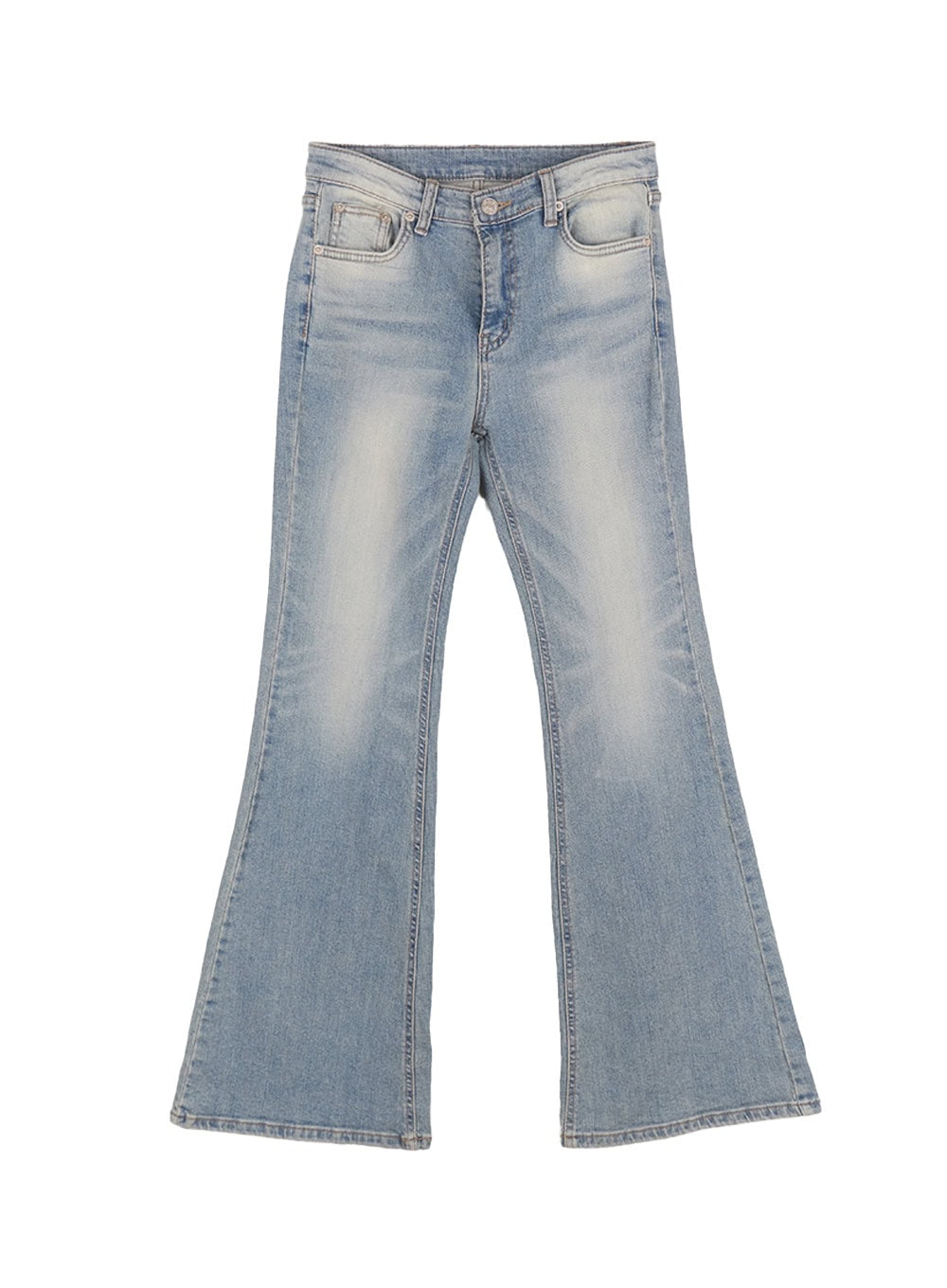 May Washed Flared Jeans IA515 in light blue, flat product-only front shot, full silhouette showing low-rise waist, slim leg tapering into wide flared hem, washed cotton-spandex denim.
