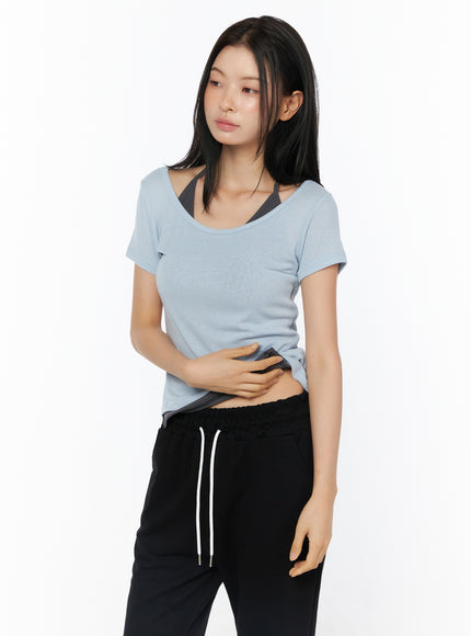 layered-halter-neck-short-sleeve-top-iu516
