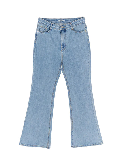Leana Stretch Bootcut Jeans IU519 in blue, flat product lay front view, full-length bootcut silhouette, 5-pocket, button fly, washed cotton-spandex denim, no model.