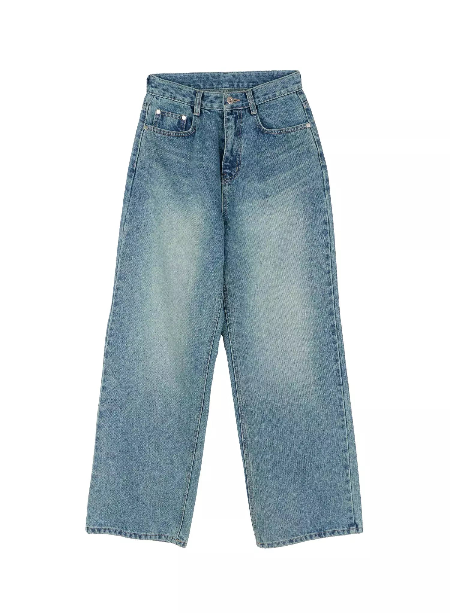 Pixi Straight Leg Jeans ID525 in blue, flat lay front product shot, full-length view of washed straight-leg cotton denim with front pockets, silver rivets, stitch detail, and wide leg opening.