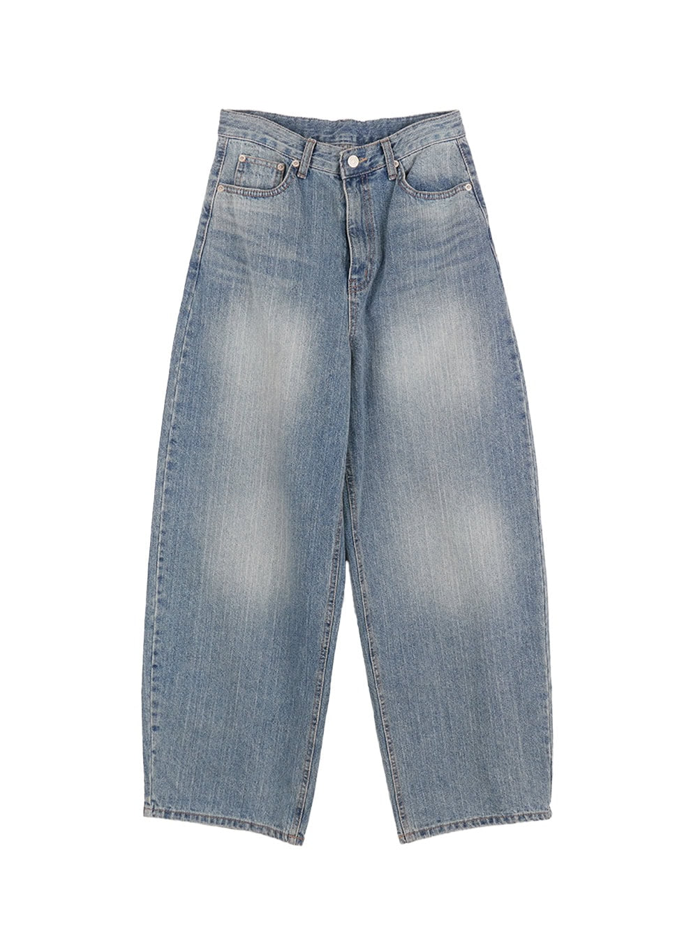 Yvette Washed Baggy Jeans IA517 in light blue, flat product-only shot, full front view showing wide barrel-leg silhouette, sun-faded washed cotton denim, V-notch low waistband and five-pocket styling.