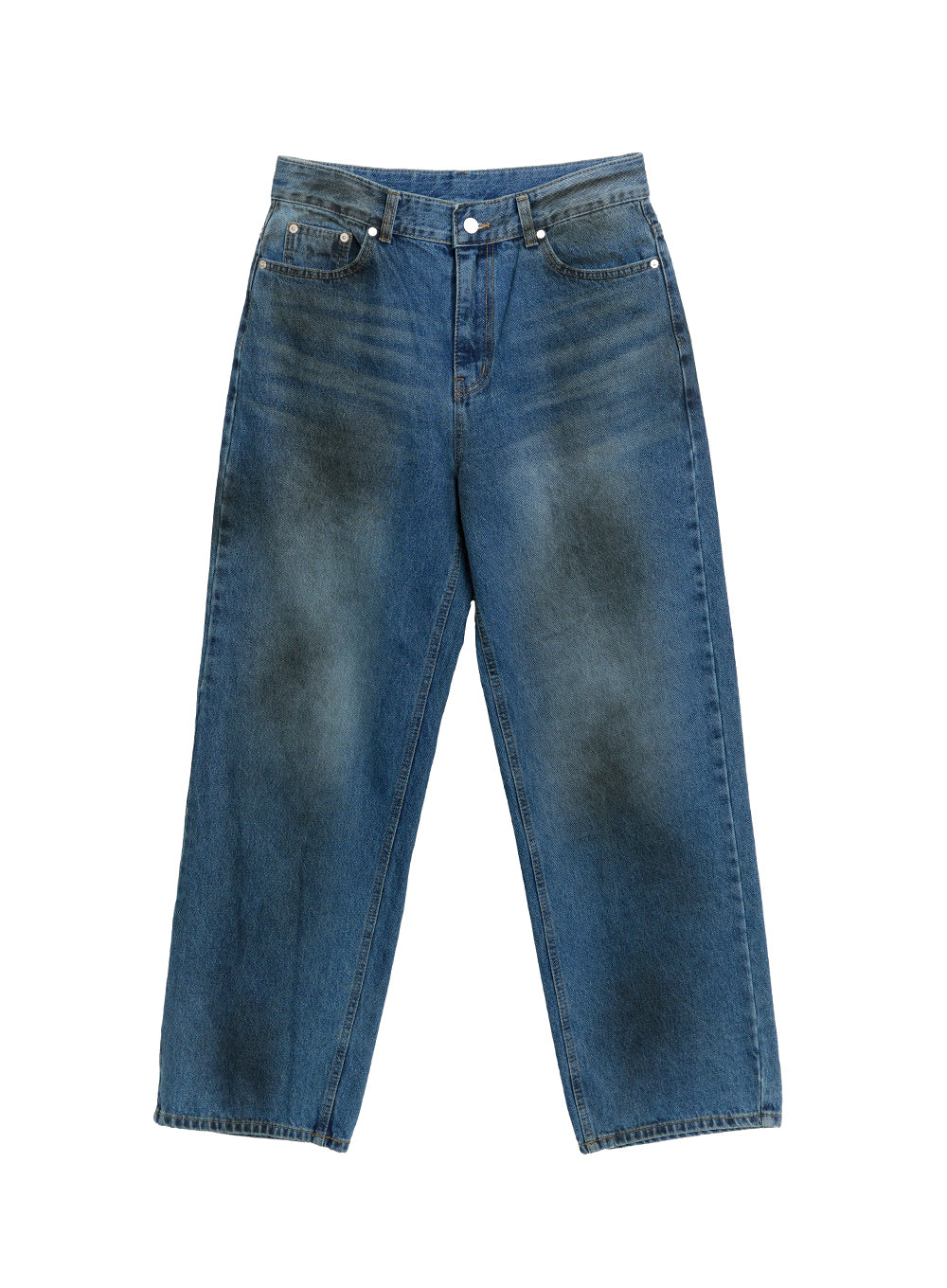 Brianna Dark Washed Wide-Leg Jeans IF510 in dark washed blue, flat product-only shot, full garment laid front-up showing wide-leg silhouette, dark cloud-wash gradient, silver hardware, and 5-pocket construction.